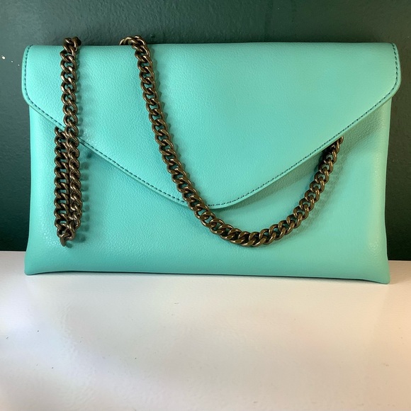 J. Crew Leather Tiffany Blue Envelope Clutch Handbag Purse - Picture 15 of 16